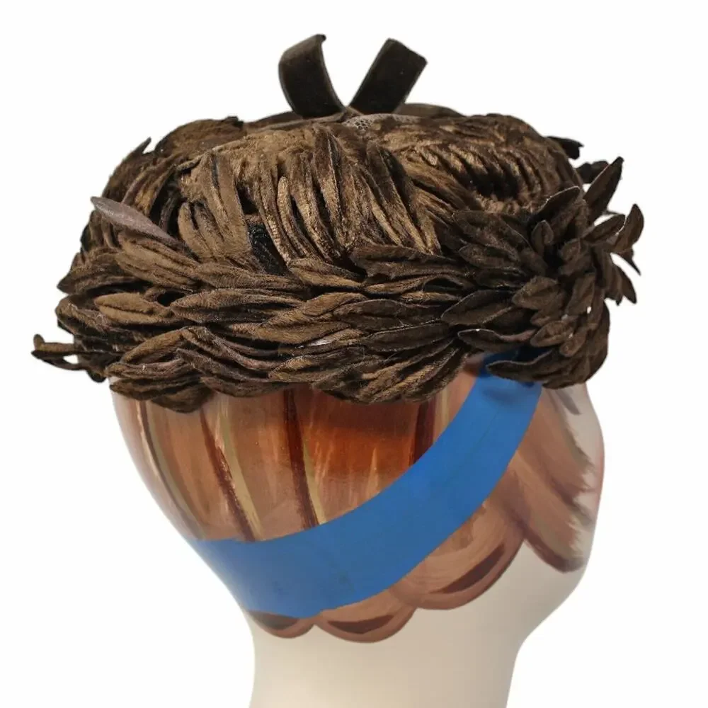 Vintage 50s 60s Brown Velvet Cocktail Hat w Cutout Leaf Shapes on Frame -Hey Viv - Picture 3 of 6